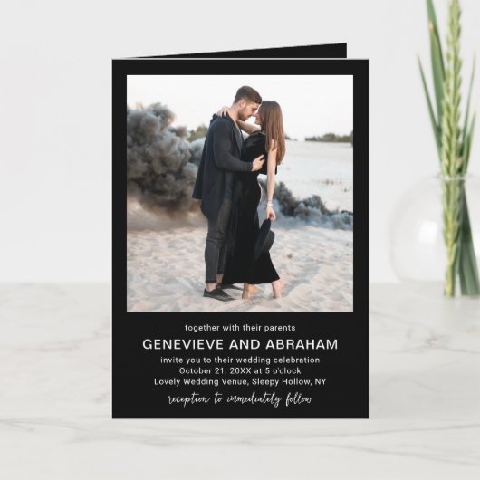 Invitation Code QR de photo noir propre mariage moderne (Devant)