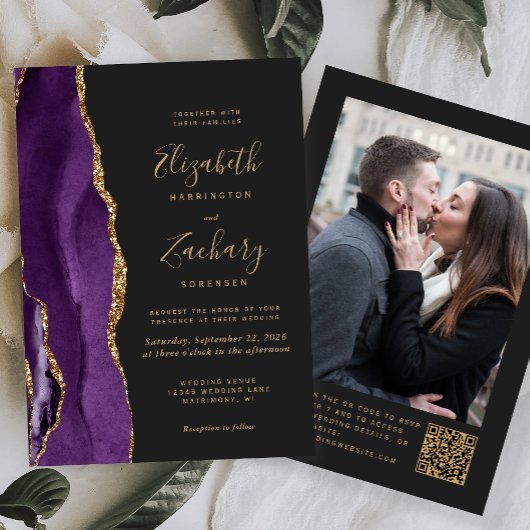 Invitation Code QR de photo sombre Agate Or Violet Mariage