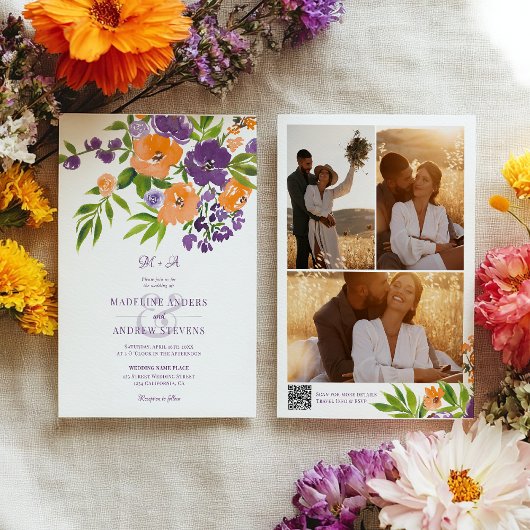 Invitation Code QR de photos de mariage floral violet orange