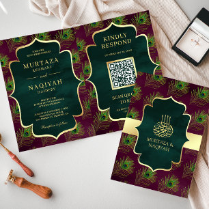 Invitation Code QR de plumes de paon vert prune Mariage musul
