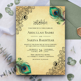 Invitation Code QR de plumes de paon vintage pour mariage mus