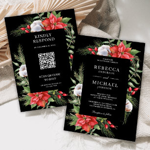 Invitation Code QR de Poinsettia Rustique Noël Mariage Noir