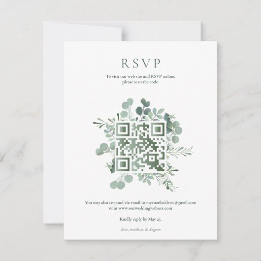 Invitation Code QR de réponse au mariage avec élégante verdur (Devant)