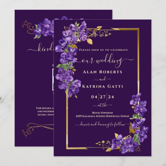 Invitation Code QR de réponse au mariage violet foncé avec ca (Devant / Derrière)