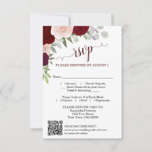 Invitation Code QR de réponse de mariage aux roses boho Burgu