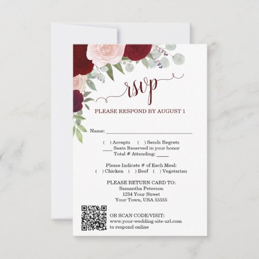 Invitation Code QR de réponse de mariage aux roses boho Burgu (Devant)