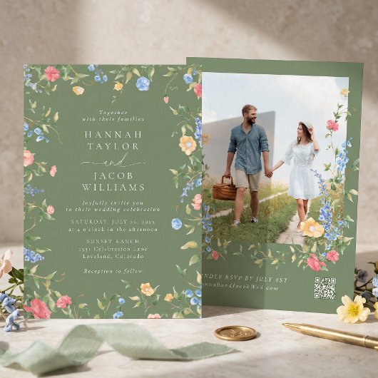 Invitation Code QR de réponse pour mariage bohème avec fleurs