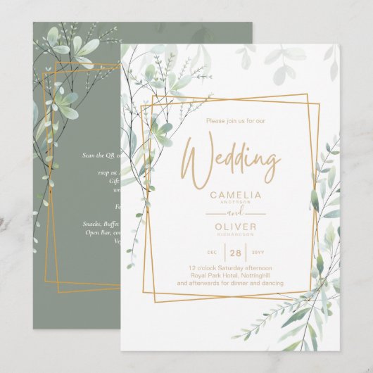 Invitation Code QR de réponse pour un mariage avec de la verd (Devant / Derrière)