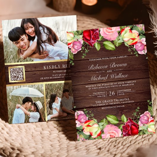 Invitation Code QR de roses roses et rouges romantiques Maria