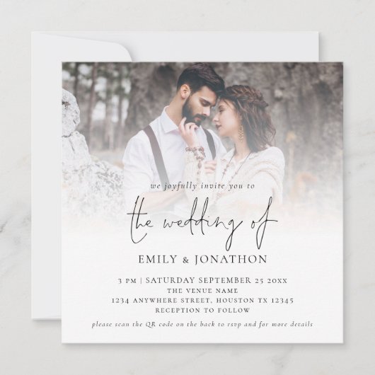 Invitation Code QR de script moderne Photo de mariage carré N (Devant)