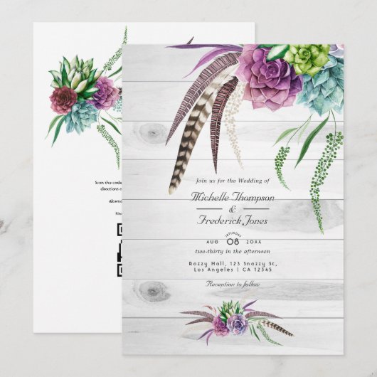 Invitation Code QR de succulentes à l'aquarelle Mariage bohèm (Devant / Derrière)
