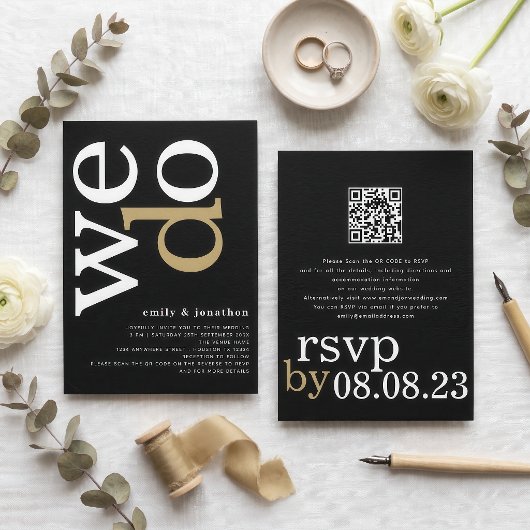 Invitation Code QR de typographie moderne mariage noir or bla