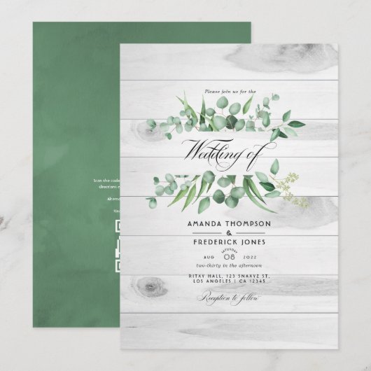 Invitation Code QR de verdure d'eucalyptus rustique pour mari (Devant / Derrière)