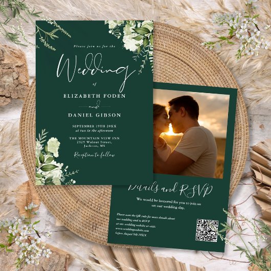 Invitation Code QR de verdure Photo Vert émeraude Mariage