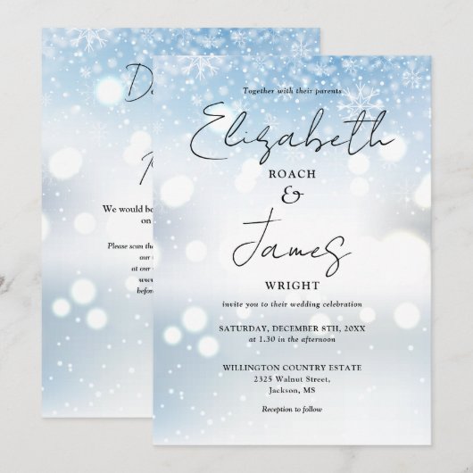 Invitation Code QR d'écriture moderne Flocons de neige Mariag (Devant / Derrière)