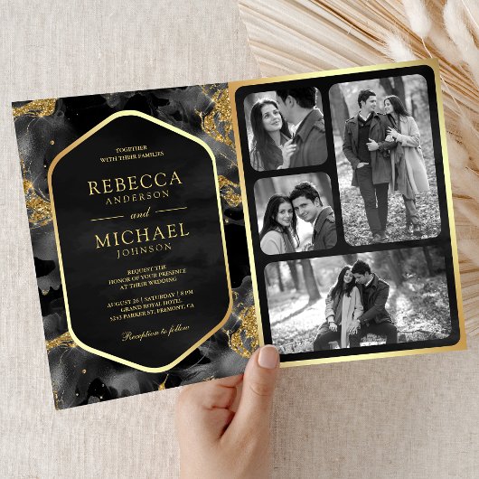 Invitation Code QR d'encre fluide abstrait or charbon mariage