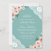Invitation Code QR dentelle sarcelle menthe florale rose mari (Devant)