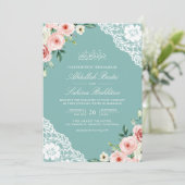 Invitation Code QR dentelle sarcelle menthe florale rose mari (Debout devant)