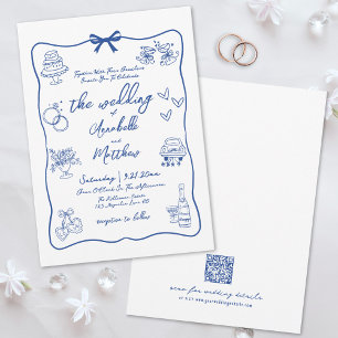 Invitation Code QR Dessiné à la Main Bleu Mariage Fantaisiste