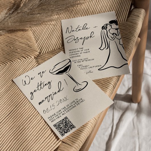 Invitation Code QR Dessiné à la Main Couple Mariage Drôle et