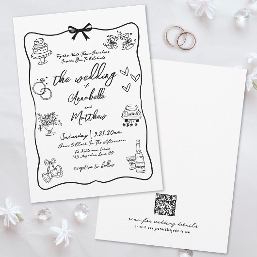 Invitation Code QR Dessiné à la Main Mariage Fantaisiste