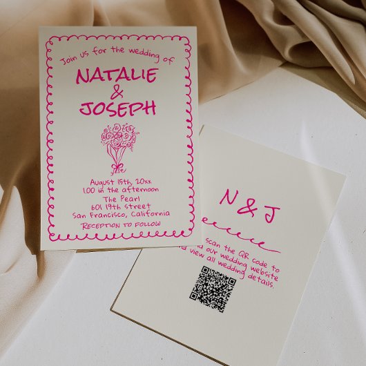 Invitation Code QR Dessiné à la Main Rose Vivant Rétro Funky