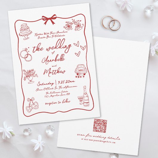 Invitation Code QR Dessiné à la Main Rouge Mariage Fantaisist