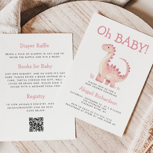 Invitation Code QR Dinosaure Rose Bébé Fille Shower pour Bébé