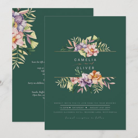 Invitation Code QR d'invitation de mariage floral d'été vert (Devant / Derrière)