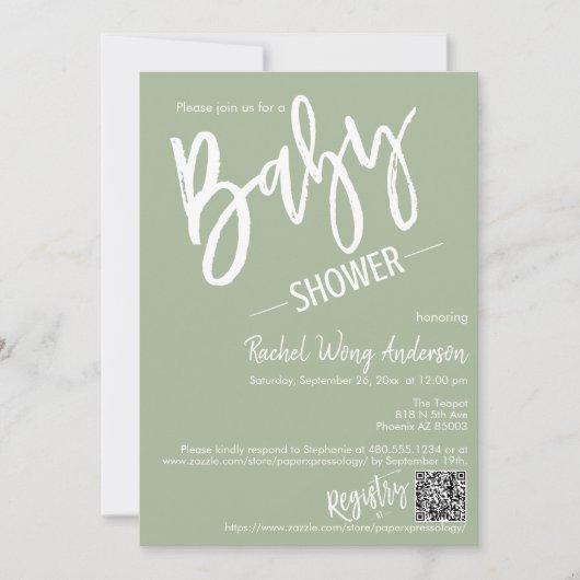 Invitation Code QR du Baby shower de script minimal vert pous (Devant)