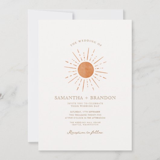 Invitation Code Qr du Mariage Boho minimal Soleil Orange Brûl (Devant)