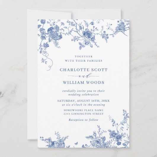 Invitation Code QR du Mariage Floral Bleu de Victoria (Devant)
