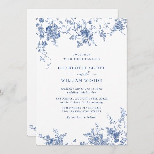 Invitation Code QR du Mariage Floral Bleu de Victoria (Devant / Derrière)