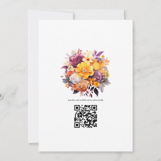 Invitation Code QR du Mariage floral pourpre, orange et jaune (Dos)