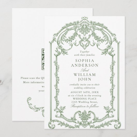 Invitation Code QR du Mariage vert de l'âge floral orné de Vi (Devant / Derrière)