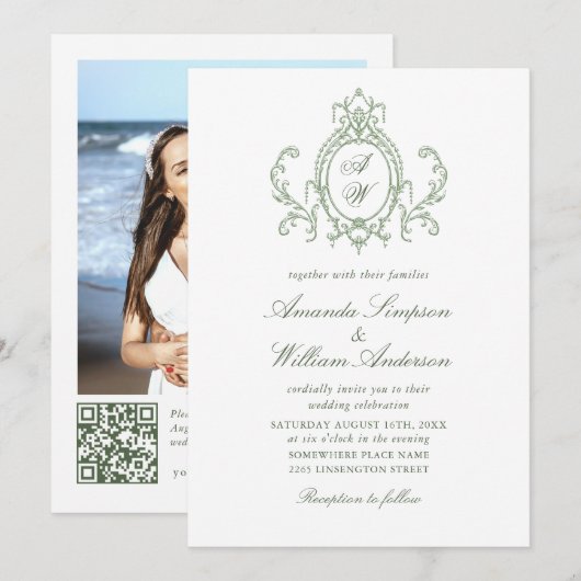 Invitation Code QR du Mariage vert de l'âge floral orné de Vi (Devant / Derrière)