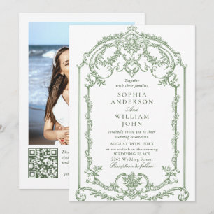 Invitation Code QR du Mariage vert de l'âge floral orné de Vi