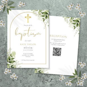 Invitation Code QR élégant de baptême floral d'arche en or et