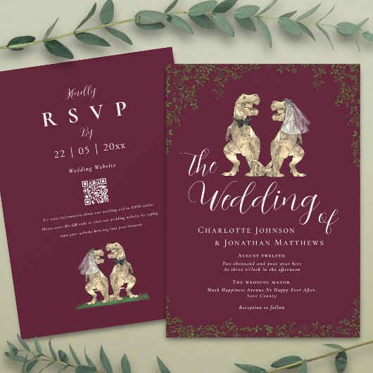 Invitation Code QR élégant de mariage de dinosaure bordeaux e