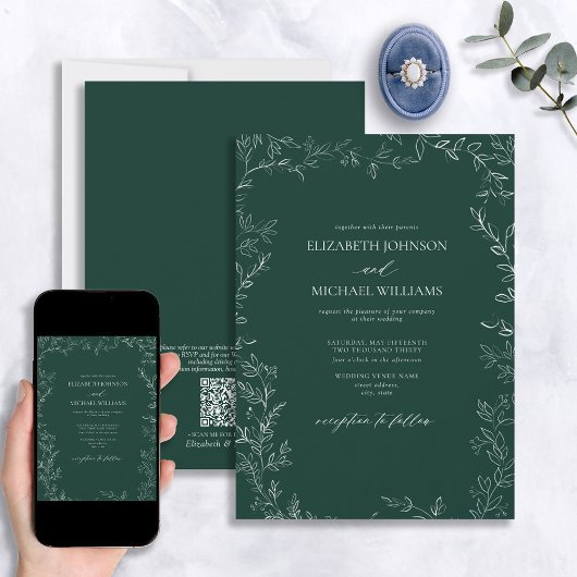 Invitation Code QR Elegant Emerald Green Minimal Mariage feui
