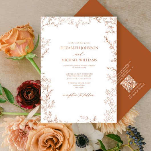 Invitation Code QR Élégant Feuille minimale Mariage orange br
