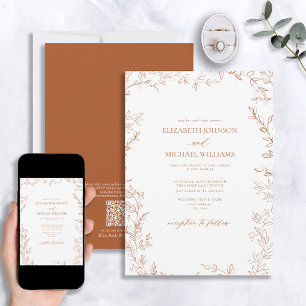 Invitation Code QR Élégant Feuille minimale Mariage orange br