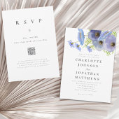 Invitation Code QR Élégant Fleurs Aquarelle Bleu Mariage
