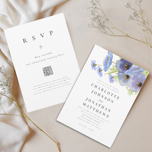 Invitation Code QR Élégant Fleurs Aquarelle Bleu Mariage