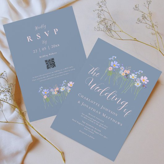 Invitation Code QR Élégant Fleurs Sauvages Mariage Rose Bleu