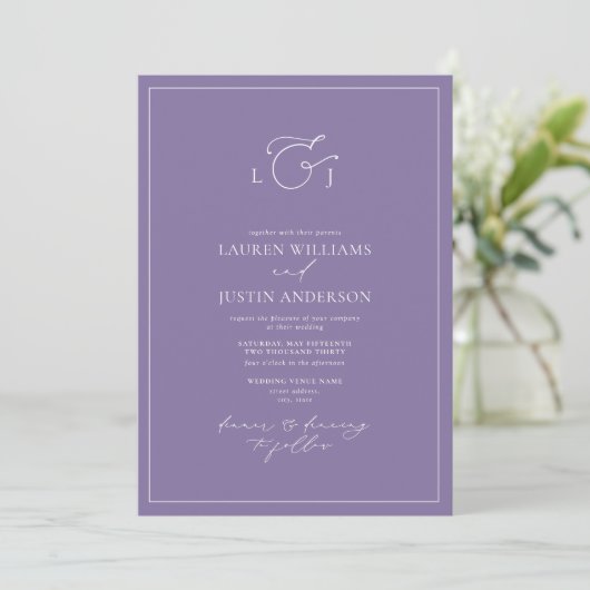Invitation Code QR Élégant Lavender Calligraphie Monogramme (Debout devant)