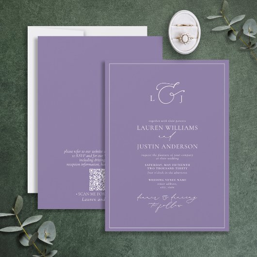 Invitation Code QR Élégant Lavender Calligraphie Monogramme