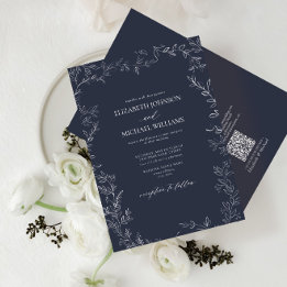 Invitation Code QR Élégant Mariage de la feuille bleu minimal