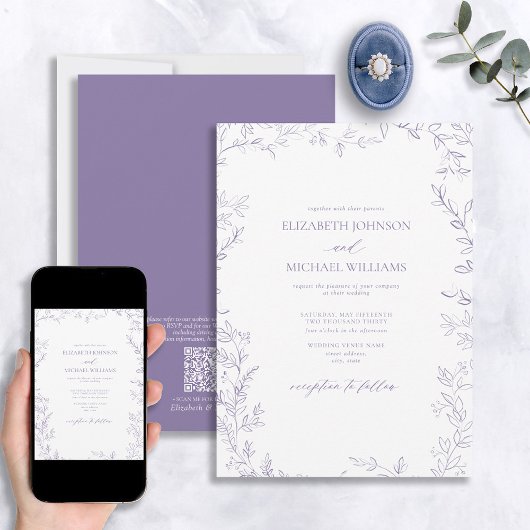 Invitation Code QR Elegant minima feuille Mariage Lavender