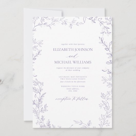 Invitation Code QR Elegant minima feuille Mariage Lavender (Devant)